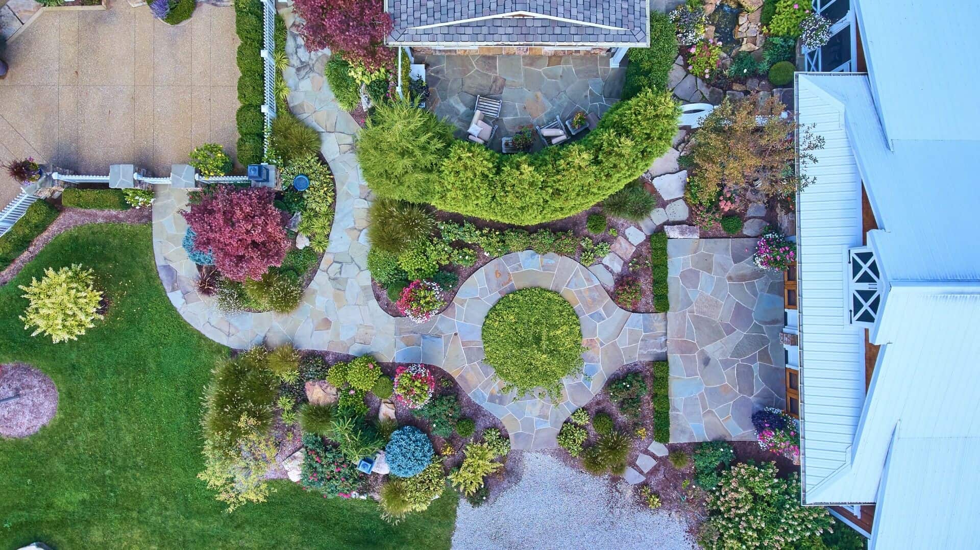 Aerial View Lush Residential Garden Stone Ameristrong